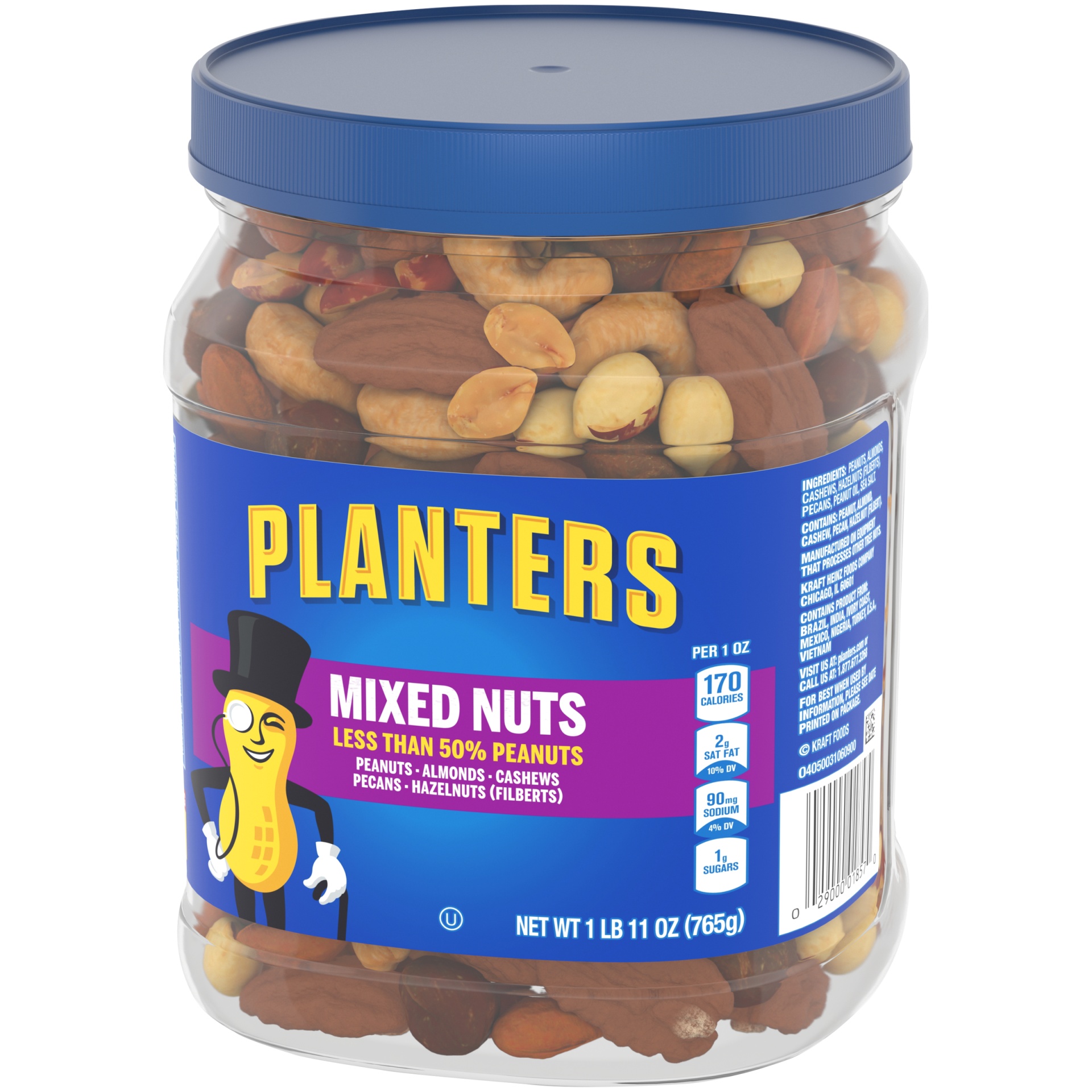 slide 11 of 14, Planters Mixed Nuts Less Than 50% Peanuts with Peanuts, Almonds, Cashews, Pecans & Hazelnuts, 27 oz