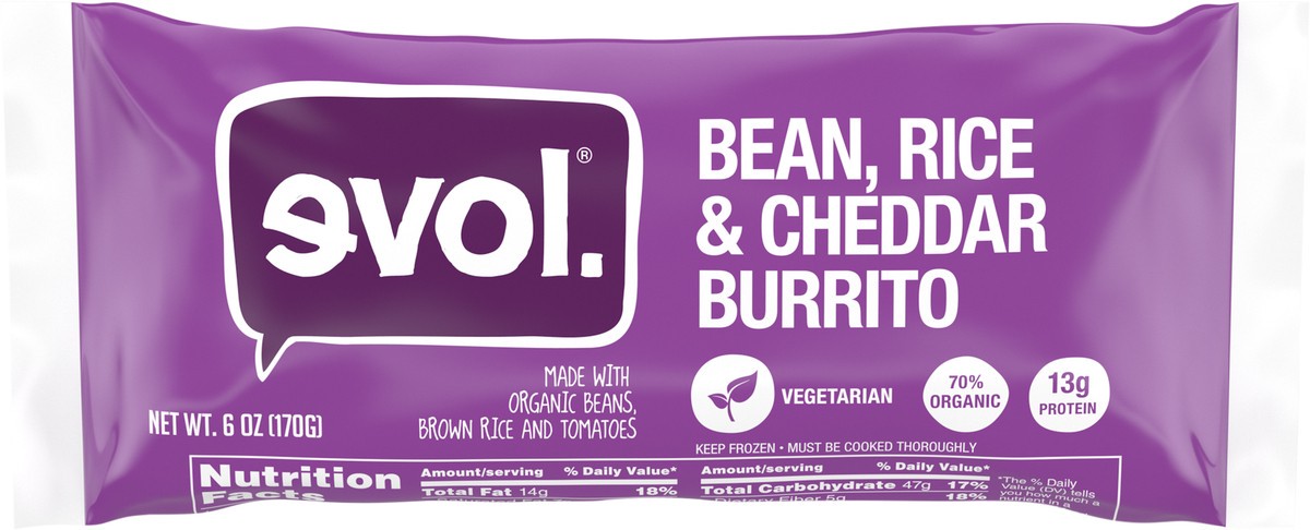 slide 2 of 13, EVOL Bean, Rice and Cheddar Burrito 6 oz, 6 oz