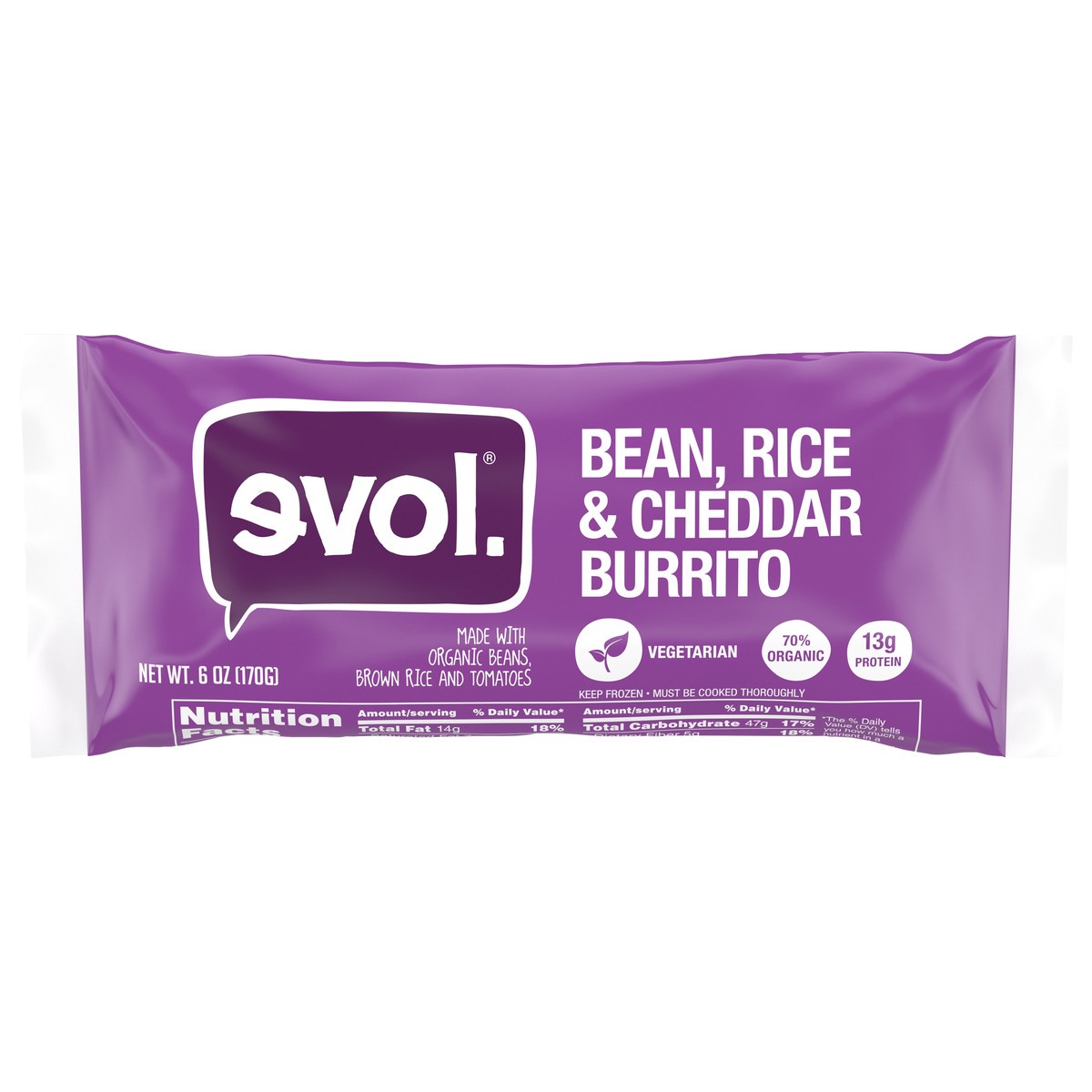 slide 1 of 13, EVOL Bean, Rice and Cheddar Burrito 6 oz, 6 oz