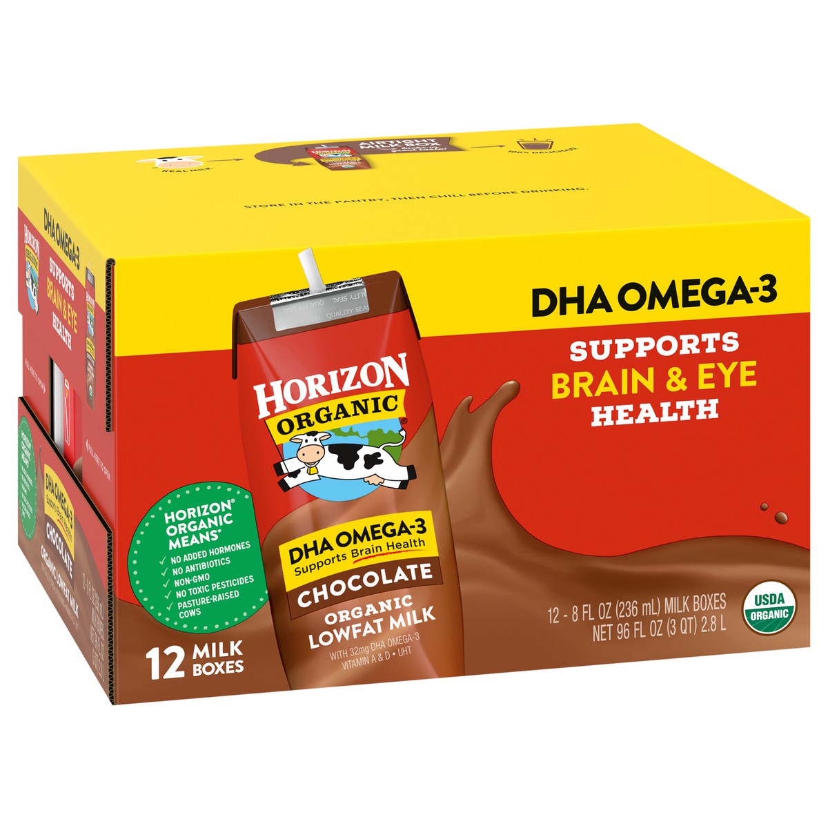 slide 3 of 12, Horizon Organic Shelf-Stable 1% Low Fat milk Boxes with DHA Omega-3, Chocolate, 8 oz., 12 Pack, 8 fl oz