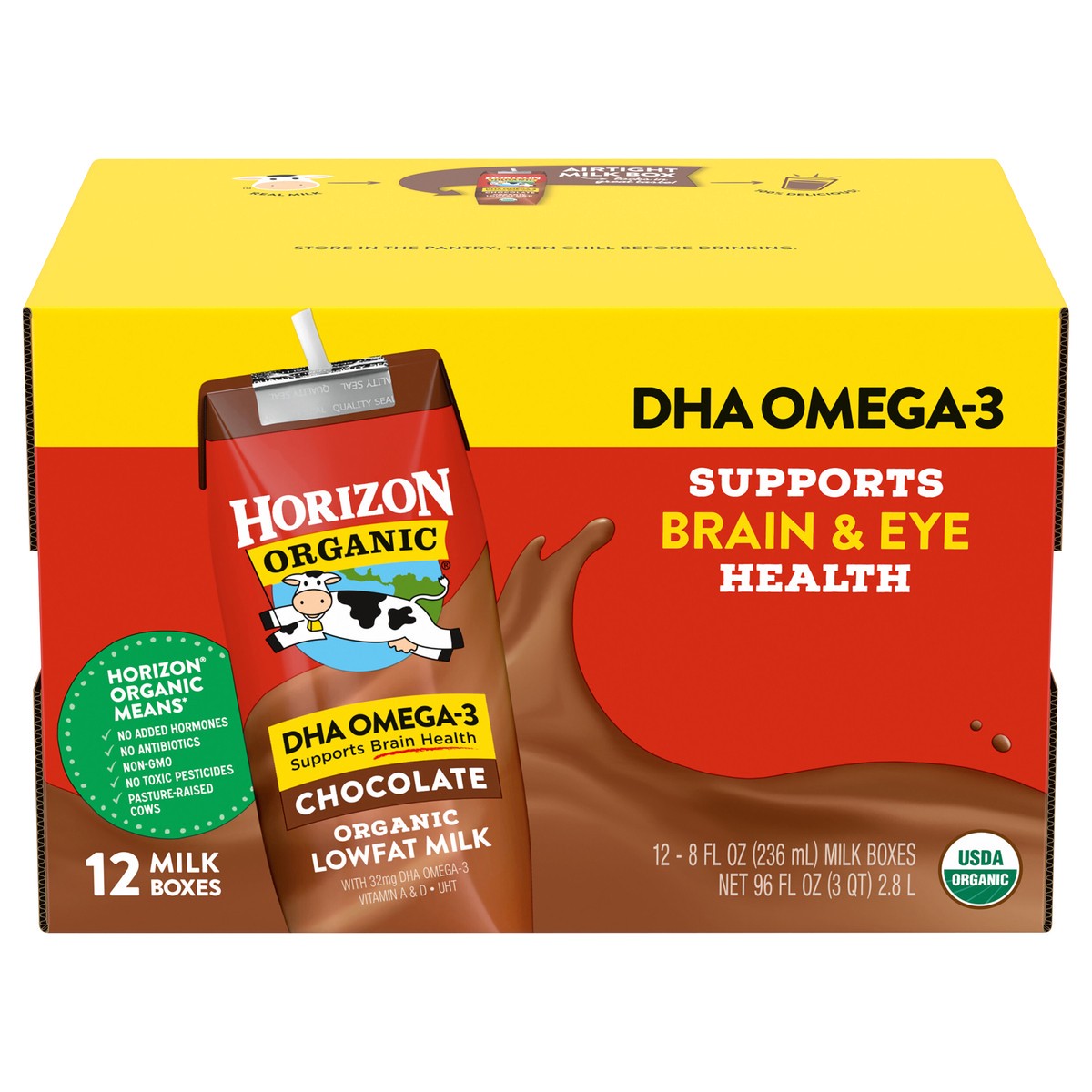 slide 1 of 12, Horizon Organic Shelf-Stable 1% Low Fat Milk Boxes with DHA Omega-3, Chocolate, 8 fl oz, 12 Pack, 12 ct