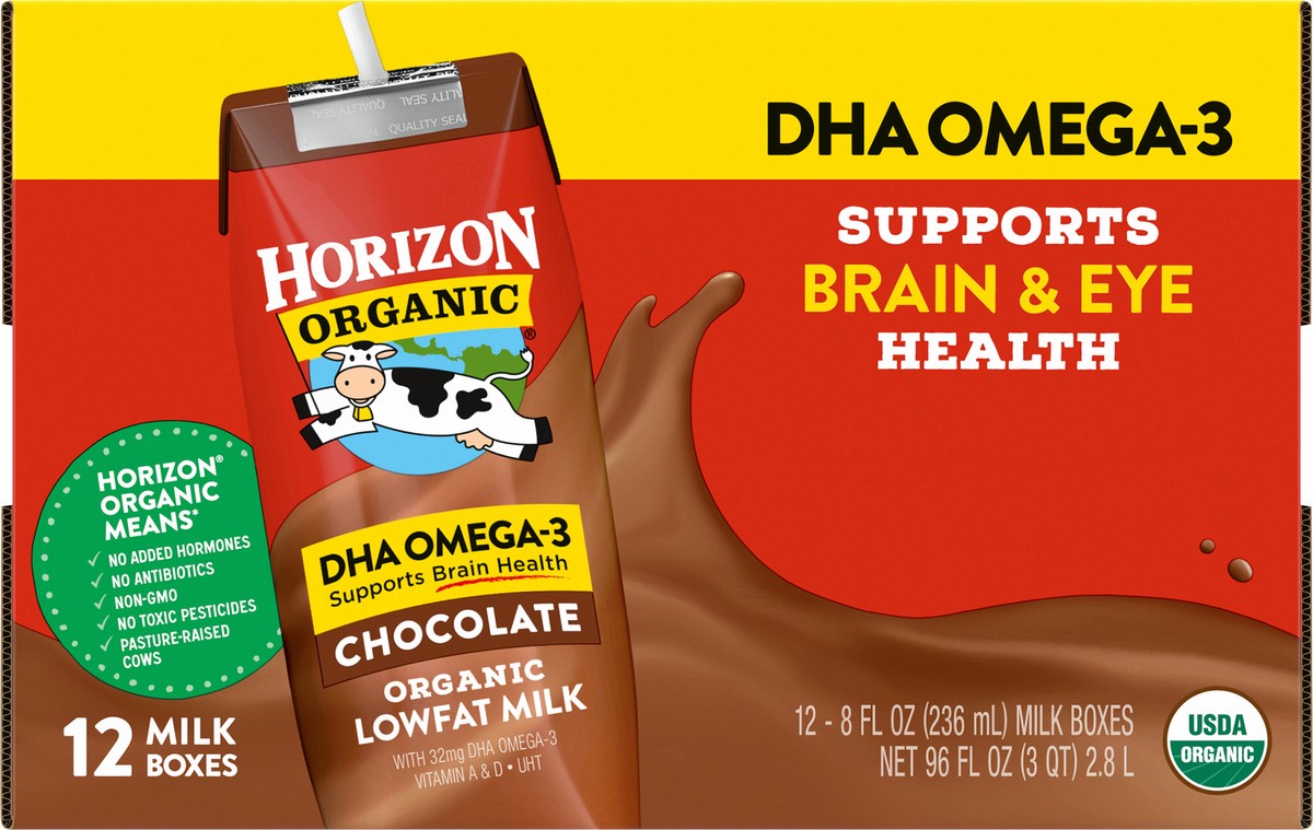 slide 10 of 12, Horizon Organic Shelf-Stable 1% Low Fat milk Boxes with DHA Omega-3, Chocolate, 8 oz., 12 Pack, 8 fl oz
