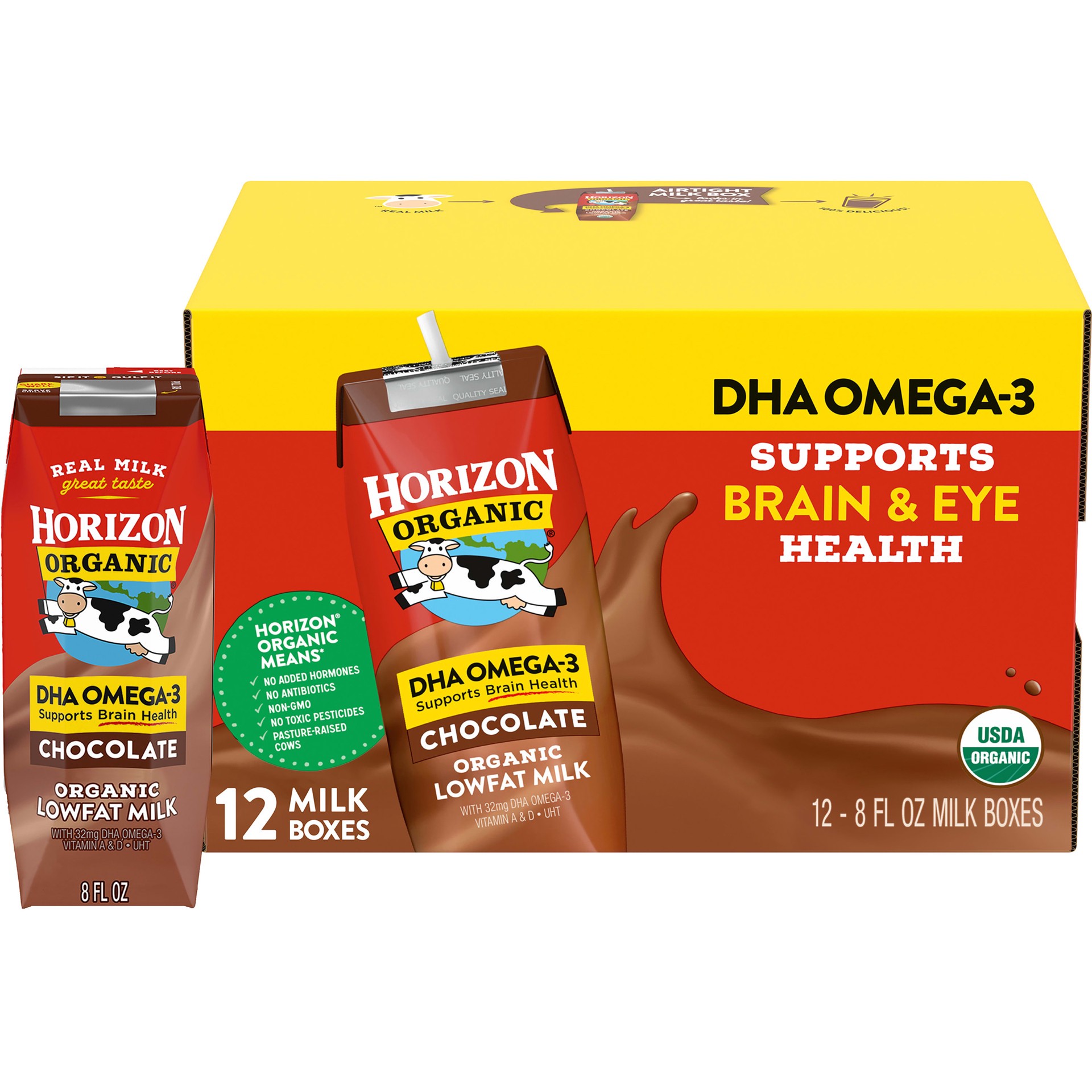 slide 1 of 12, Horizon Organic Shelf-Stable 1% Low Fat Milk Boxes with DHA Omega-3, Chocolate, 8 fl oz, 12 Pack, 8 fl oz