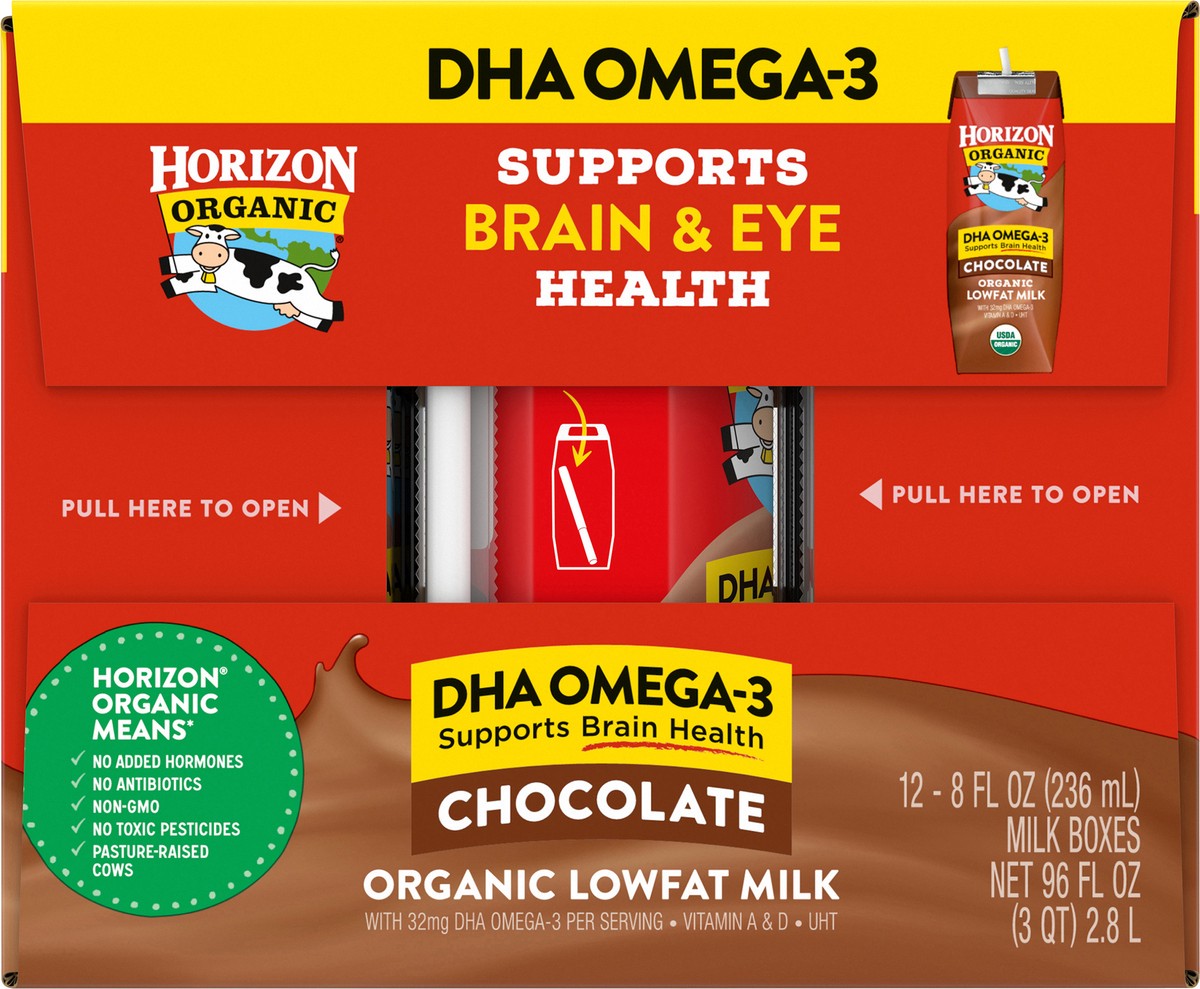 slide 6 of 12, Horizon Organic Shelf-Stable 1% Low Fat milk Boxes with DHA Omega-3, Chocolate, 8 oz., 12 Pack, 8 fl oz