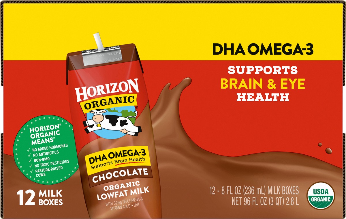 slide 9 of 12, Horizon Organic Shelf-Stable 1% Low Fat milk Boxes with DHA Omega-3, Chocolate, 8 oz., 12 Pack, 8 fl oz