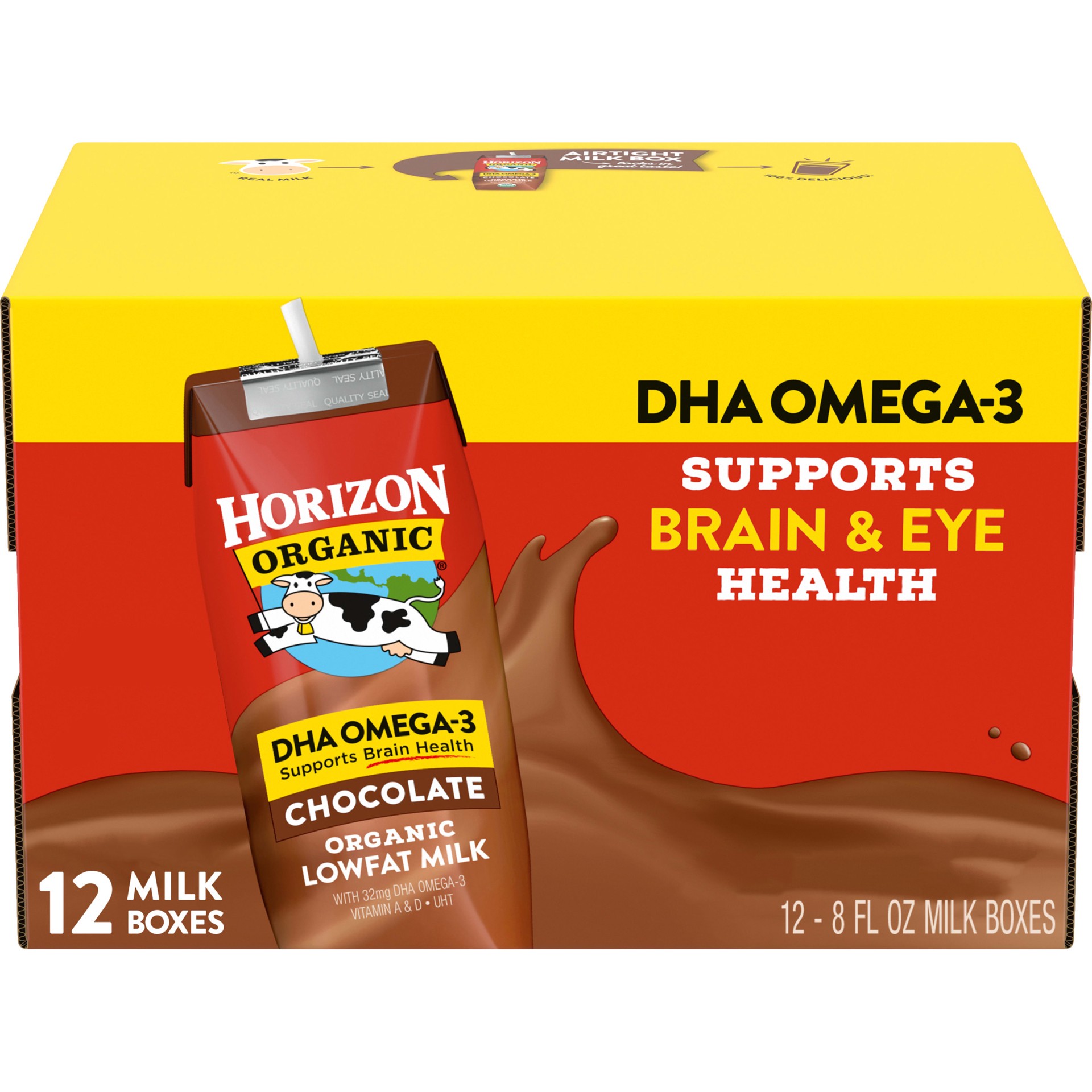 slide 1 of 12, Horizon Organic Shelf-Stable 1% Low Fat Milk Boxes with DHA Omega-3, Chocolate, 8 fl oz, 12 Pack, 8 fl oz