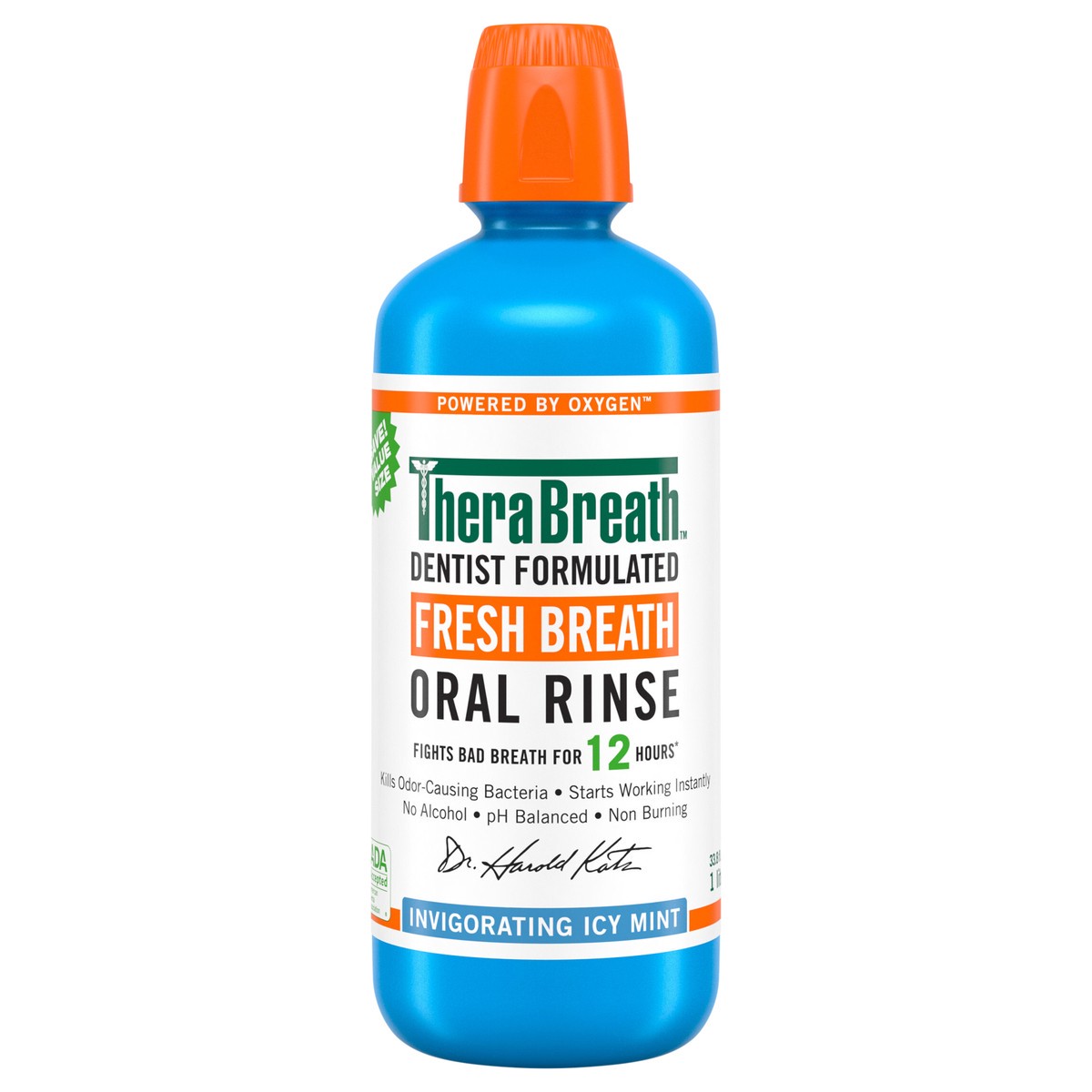 slide 1 of 9, TheraBreath Fresh Breath Oral Rinse, Invigorating Icy Mint Flavor, Dentist Formulated and ADA-Accepted Mouthwash for Bad Breath pH-Balanced, Alcohol Free & Non-Burning, 1 Liter, 1 liter