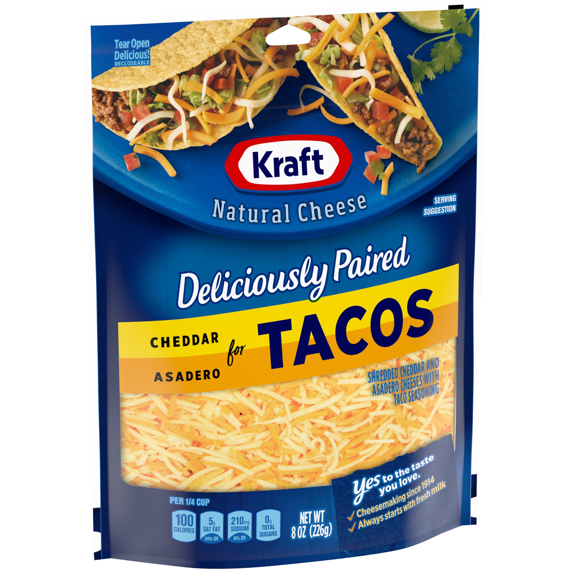 slide 3 of 7, Kraft Deliciously Paired Cheddar & Asadero Shredded Cheese with Taco Seasoning for Tacos, 8 oz