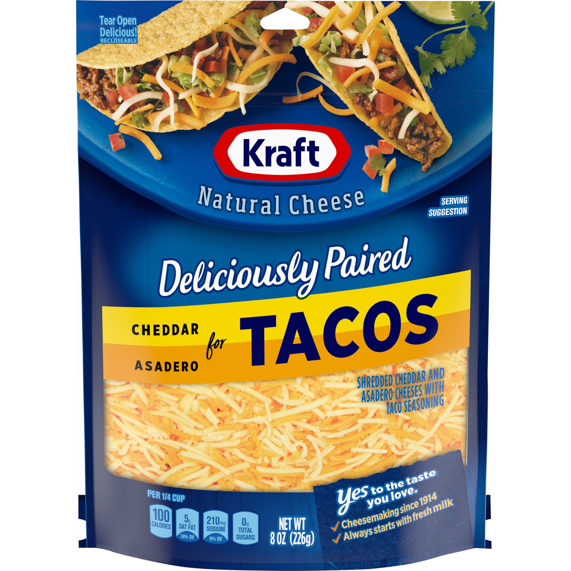 slide 1 of 7, Kraft Deliciously Paired Cheddar & Asadero Shredded Cheese with Taco Seasoning for Tacos, 8 oz