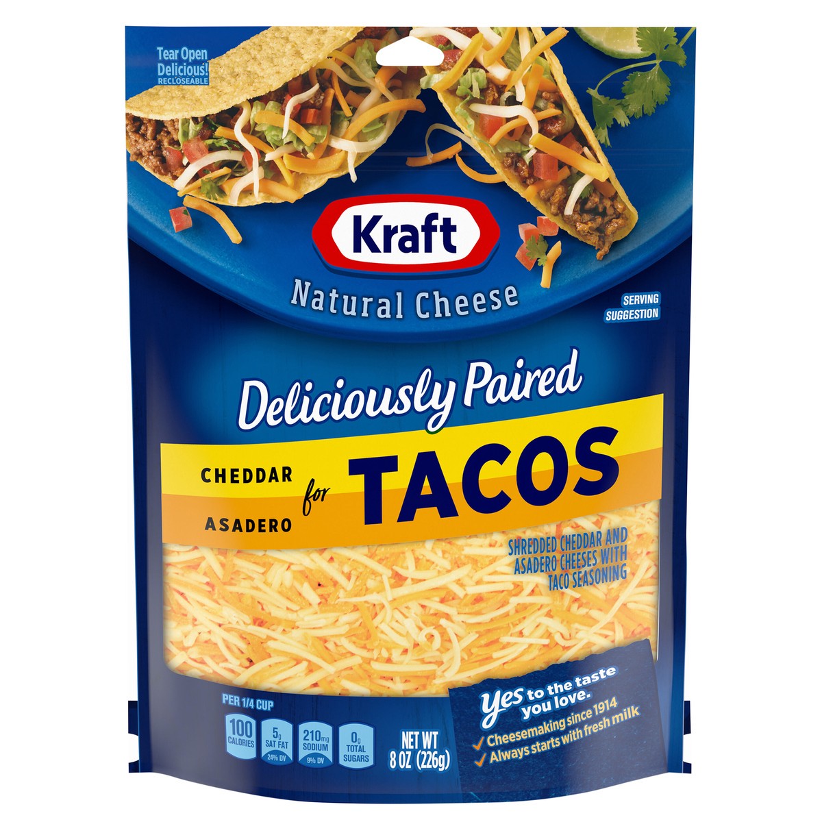 slide 1 of 13, Kraft Deliciously Paired Cheddar & Asadero Shredded Cheese with Taco Seasoning for Tacos, 8 oz Bag, 8 oz