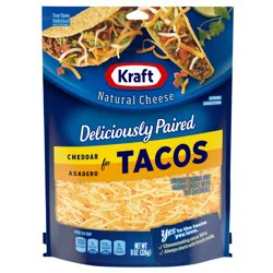 Kraft Deliciously Paired Cheddar & Asadero Shredded Cheese with Taco Seasoning for Tacos, 8 oz Bag