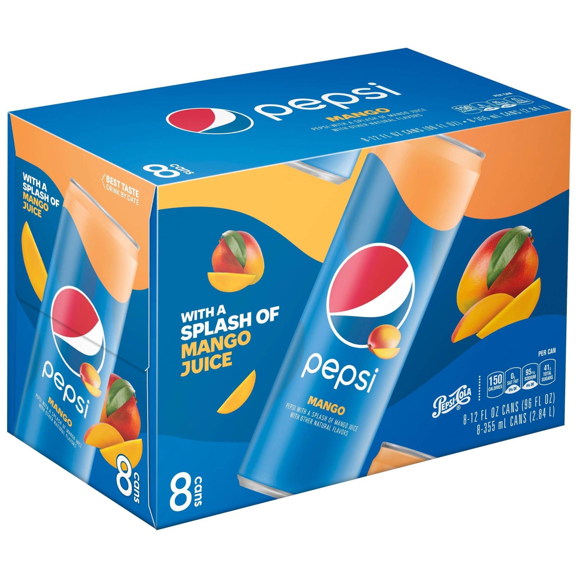 slide 1 of 1, Pepsi Cola Splash Of Mango, 8 ct; 12 fl oz
