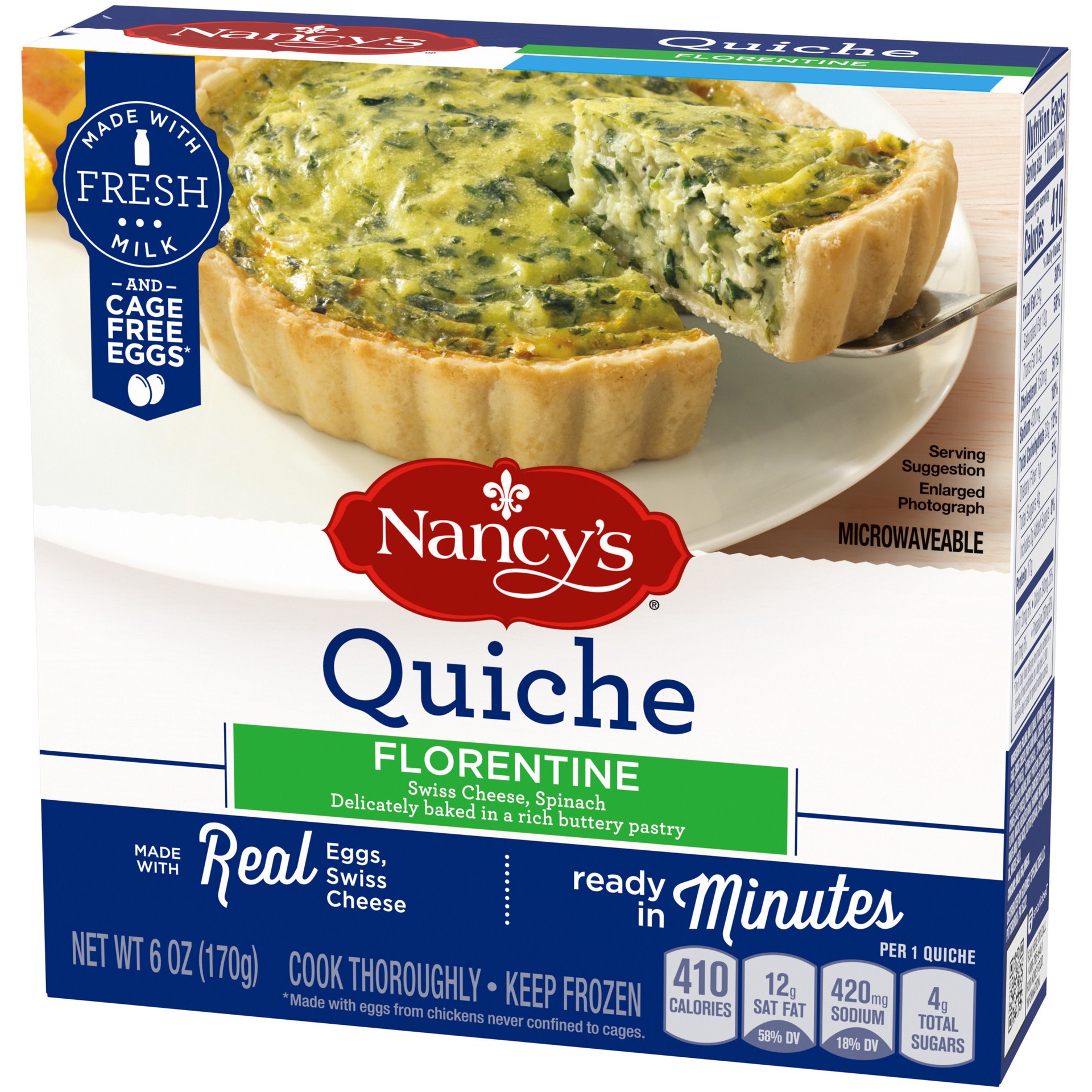 slide 4 of 5, Nancy's Florentine Quiche with Eggs, Swiss Cheese & Spinach Frozen Meal, 6 oz Box, 6 oz