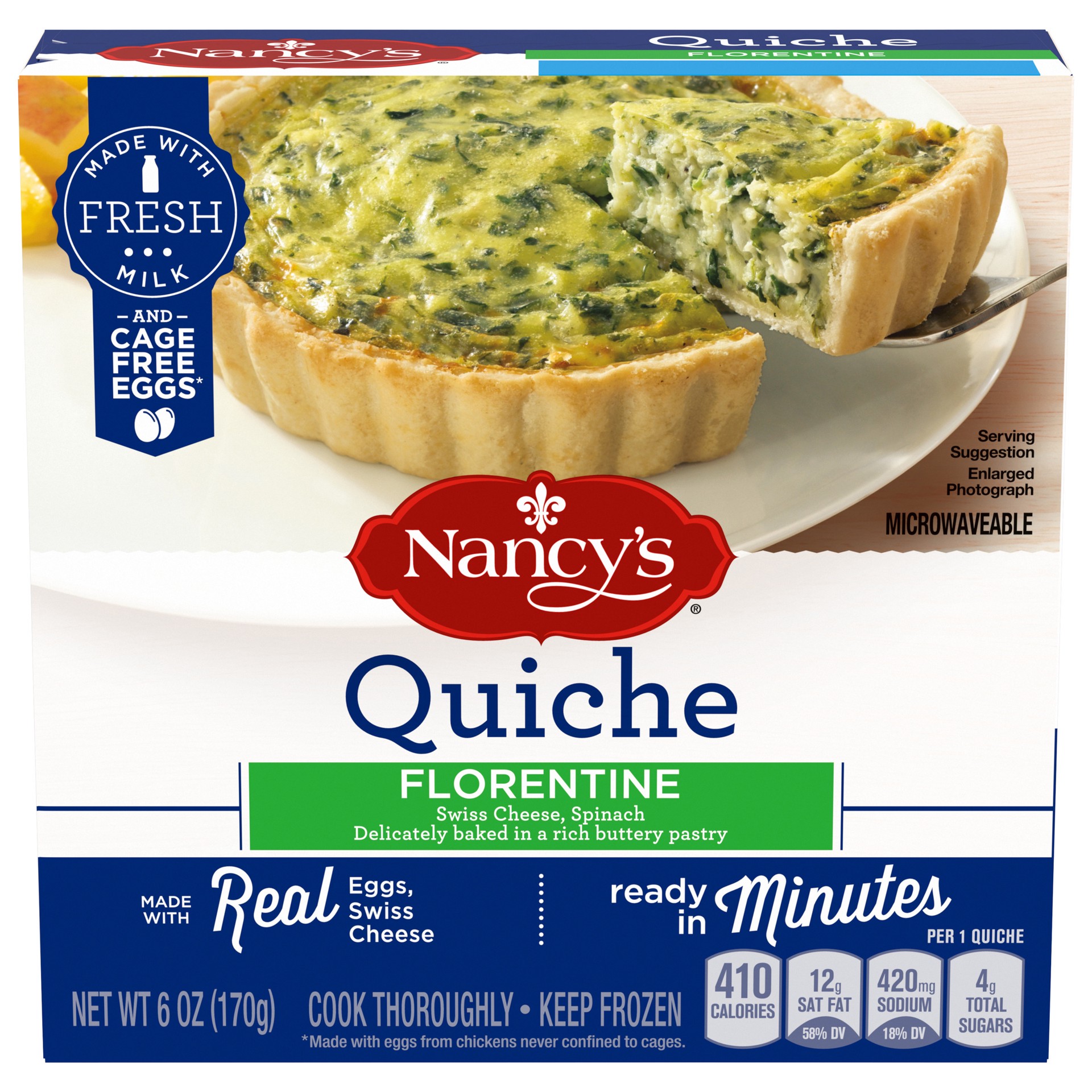 slide 1 of 5, Nancy's Florentine Quiche with Eggs, Swiss Cheese & Spinach Frozen Meal, 6 oz Box, 6 oz