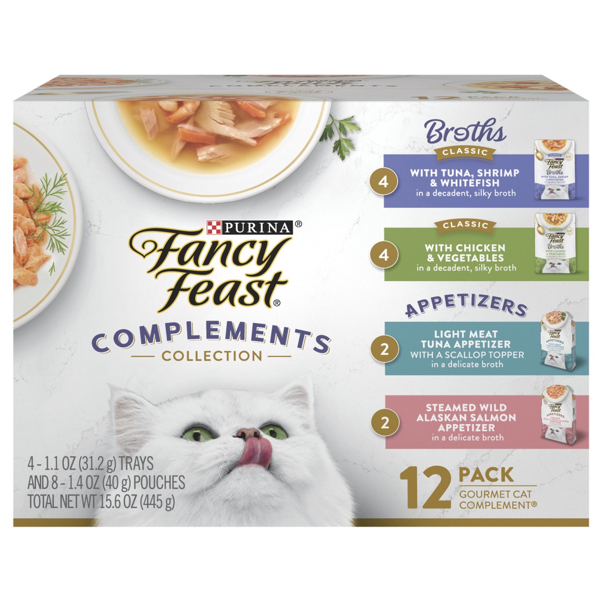 slide 1 of 9, Fancy Feast Purina Fancy Feast Lickable Appetizers and Broths Collection Grain Free Wet Cat Food Topper Variety Pack, 12 ct
