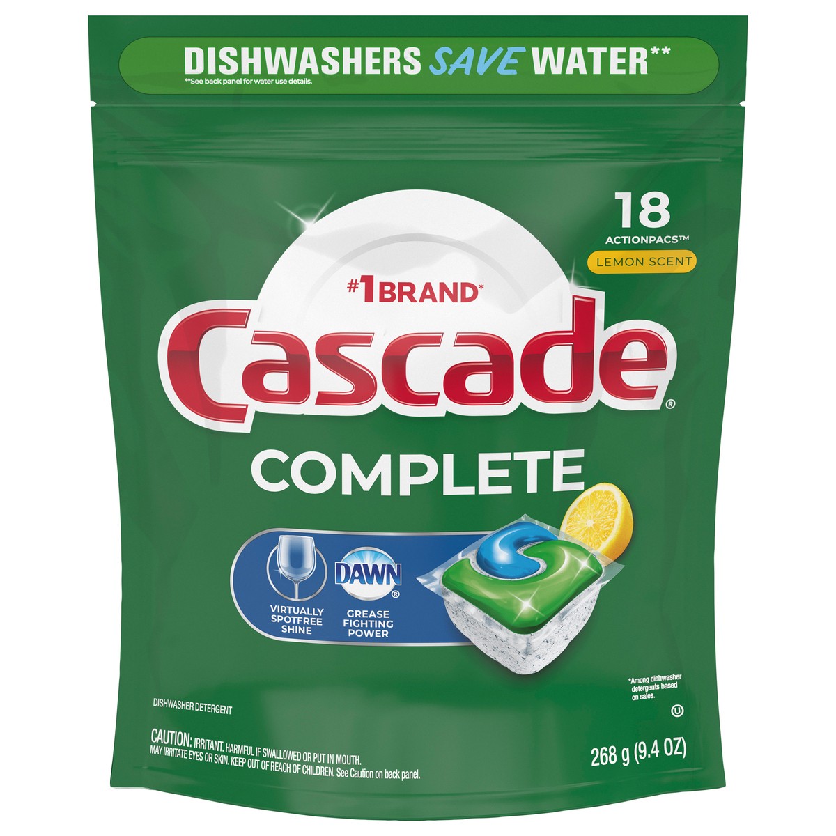 slide 2 of 7, Cascade Complete ActionPacs, Dishwasher Detergent Pods, Lemon, 18 Count, 9.4 oz