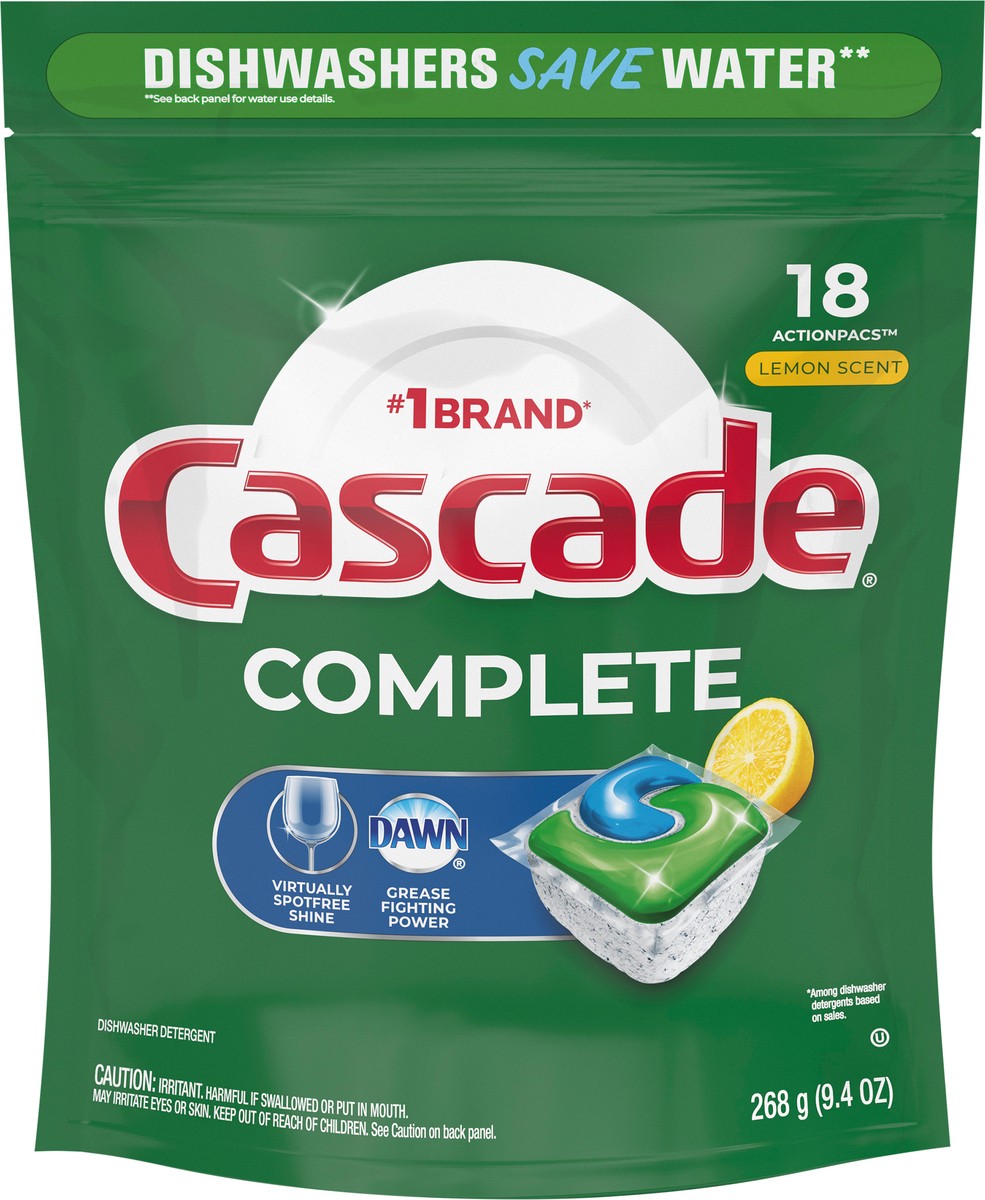 slide 6 of 7, Cascade Complete ActionPacs, Dishwasher Detergent Pods, Lemon, 18 Count, 9.4 oz