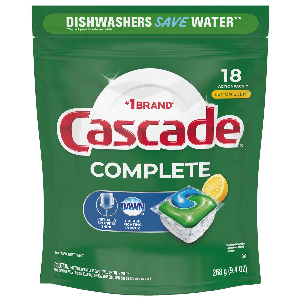 slide 1 of 7, Cascade Complete ActionPacs, Dishwasher Detergent Pods, Lemon, 18 Count, 18 ct