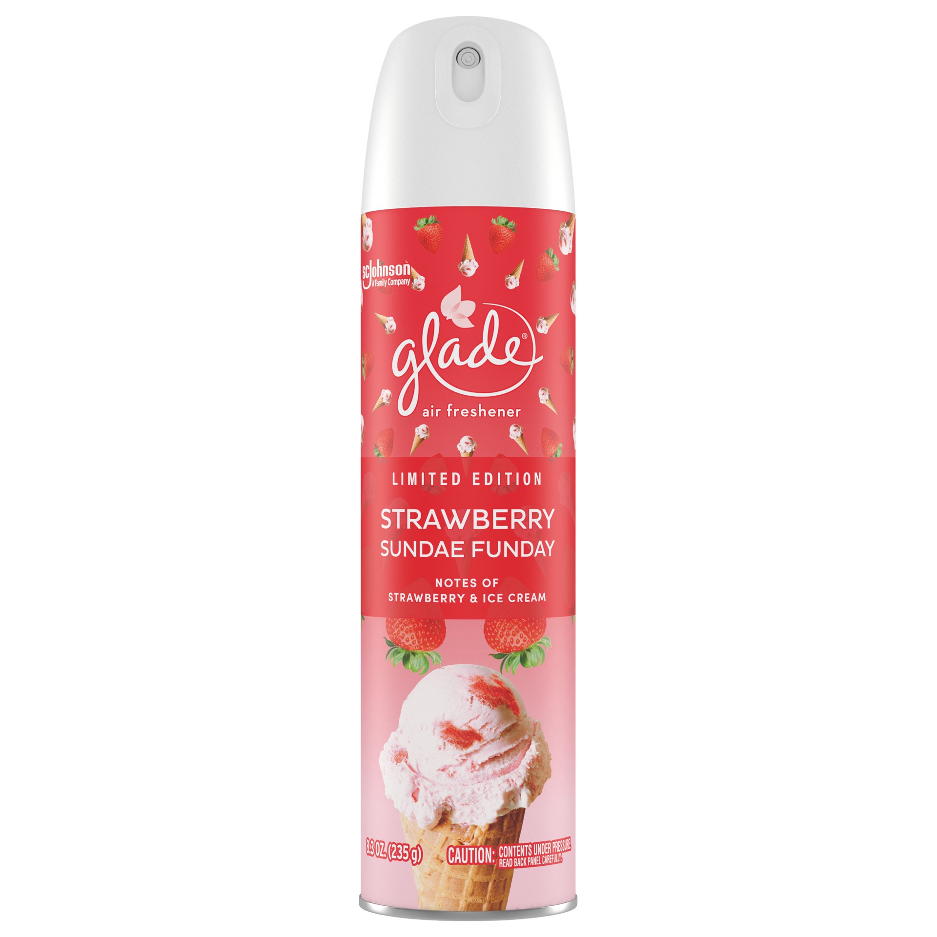 slide 1 of 5, Glade Aerosol Spray, Glade Air Freshener Spray, Strawberry Sundae Funday Scent, Infused with Essential Oils, Spring Limited Edition Fragrance, Positive Vibes Collection, 8.3 oz, 8.3 oz