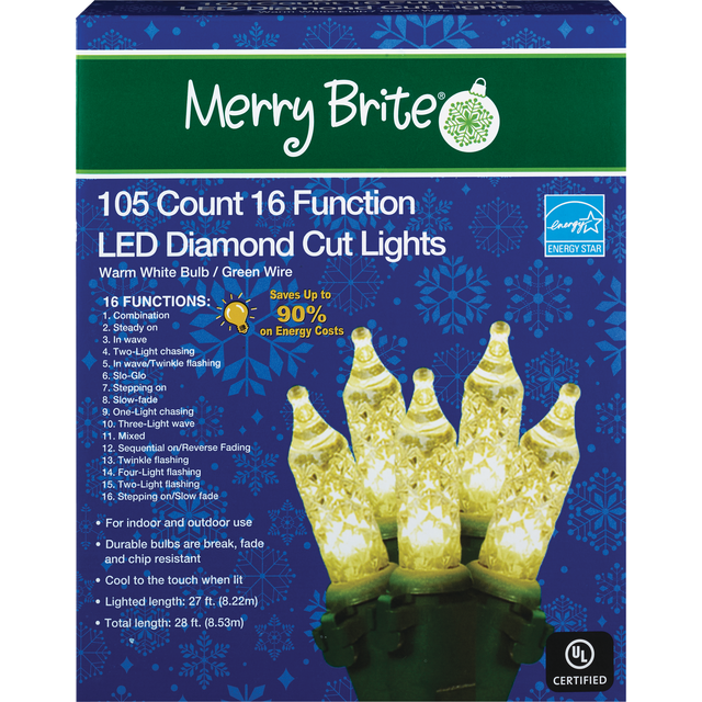 slide 1 of 1, Merry Brite 105 Count 16 Function White LED Diamond Cut Lights, 105 ct
