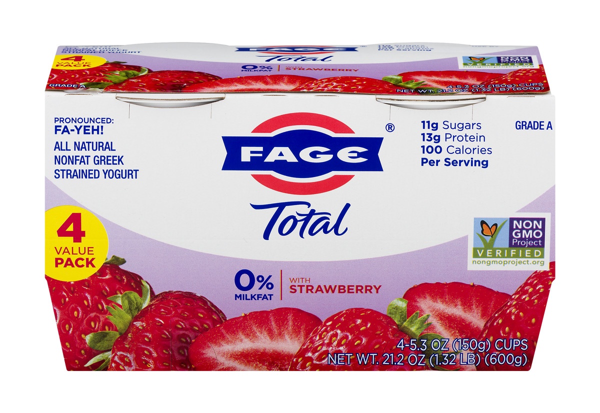 slide 1 of 1, Fage Total Nonfat Greek Strained Yogurt 0% Milkfat With Strawberry, 4 ct; 5.3 oz