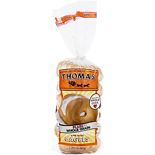 slide 1 of 1, Thomas' Bagels Pre-Sliced Plain Made with Whole Grain, 