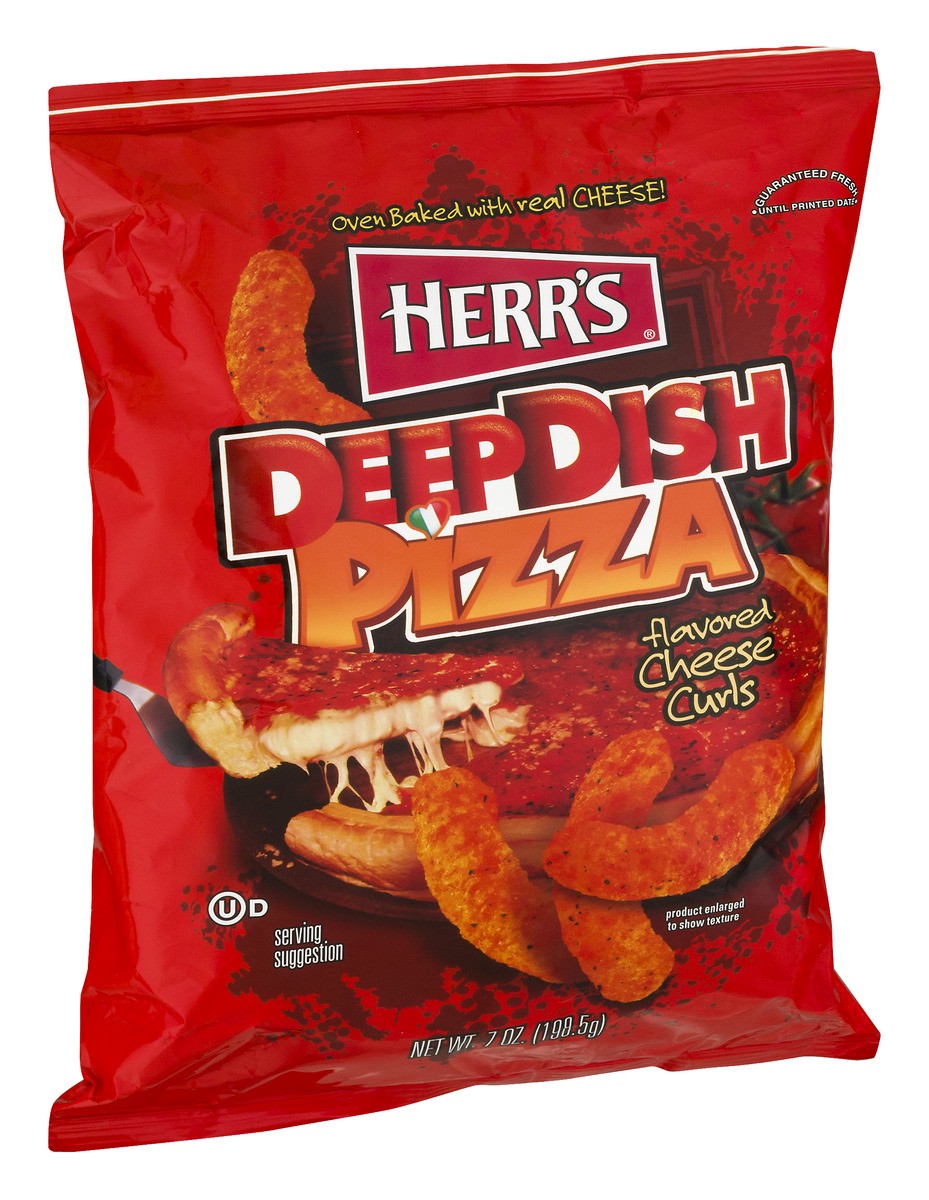 slide 2 of 9, Herr's Cheese Curls Deep Dish Pizza Flavor, 7 oz