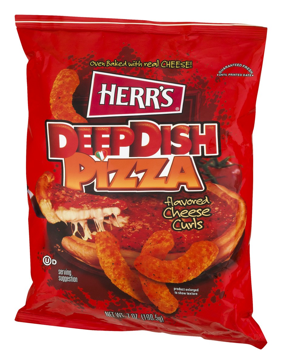 slide 4 of 9, Herr's Cheese Curls Deep Dish Pizza Flavor, 7 oz