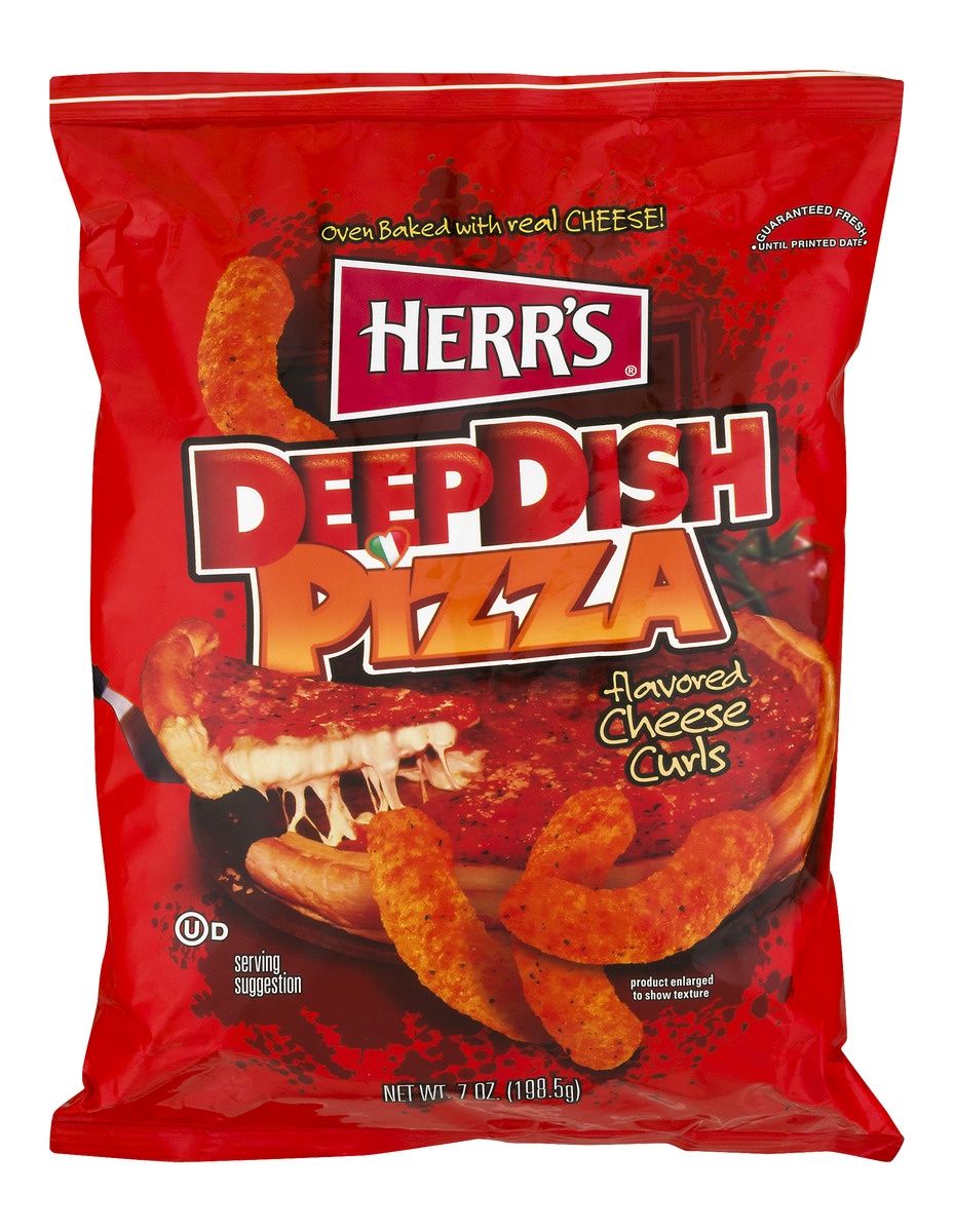 slide 1 of 9, Herr's Cheese Curls Deep Dish Pizza Flavor, 7 oz