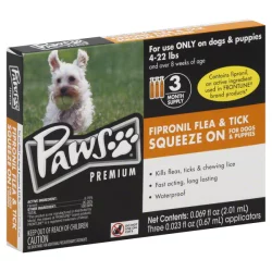 Paws Happy Life Fipronil Flea & Tick Squeeze on for Dogs & Puppies 4-22lb 3 Month Supply