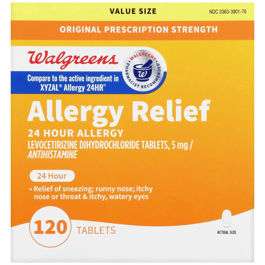 slide 4 of 5, Walgreens Levocetirizine Dihydrochloride Tablets, 5 mg, All Day Allergy Relief, 120 ct