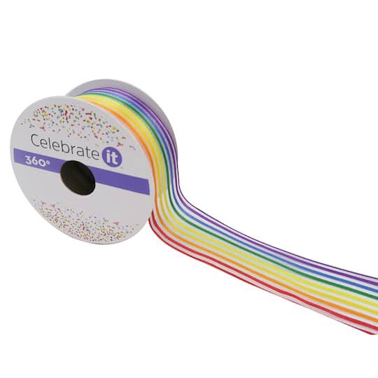slide 1 of 5, 1.5" X 3yd. Rainbow Striped Wired Sheer Ribbon By Celebrate It 360°, 1.5 in x 3 yd