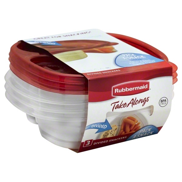 slide 1 of 1, Rubbermaid Takealongs Divided Pack-N-Snack Food Storage Container 3-Pack, 3 ct