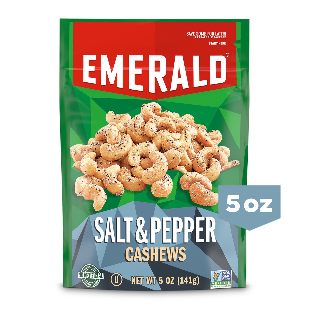 slide 1 of 5, Emerald Nuts, Salt & Pepper Cashews, 5 Oz Resealable Bag, 5.000 oz