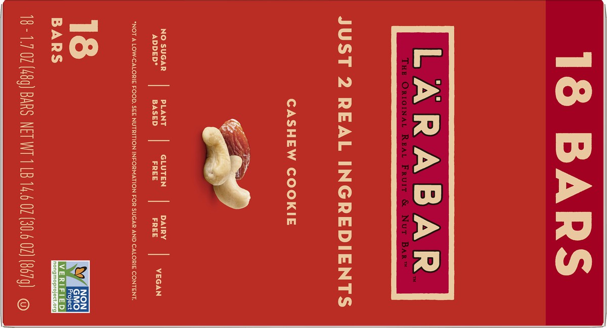 slide 2 of 9, LÄRABAR Cashew Cookie, Gluten Free Vegan Fruit & Nut Bars, 1.7 oz, 18 ct, 18 ct