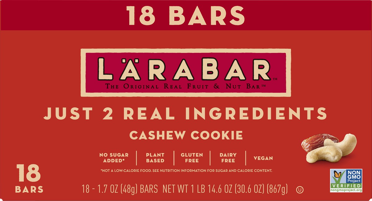 slide 3 of 9, LÄRABAR Cashew Cookie, Gluten Free Vegan Fruit & Nut Bars, 1.7 oz, 18 ct, 18 ct