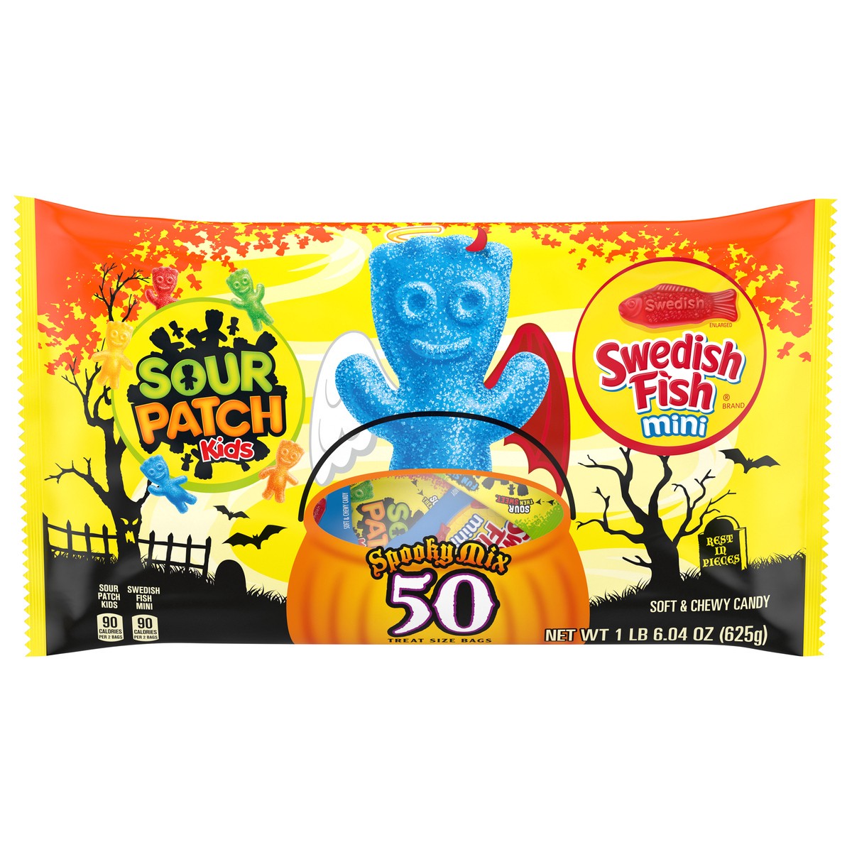 slide 1 of 9, Sour Patch/Swedish Fish Red SOUR PATCH KIDS & SWEDISH FISH Mini Halloween Candy Variety Pack, 50 Trick or Treat Bags, 1.37 lb
