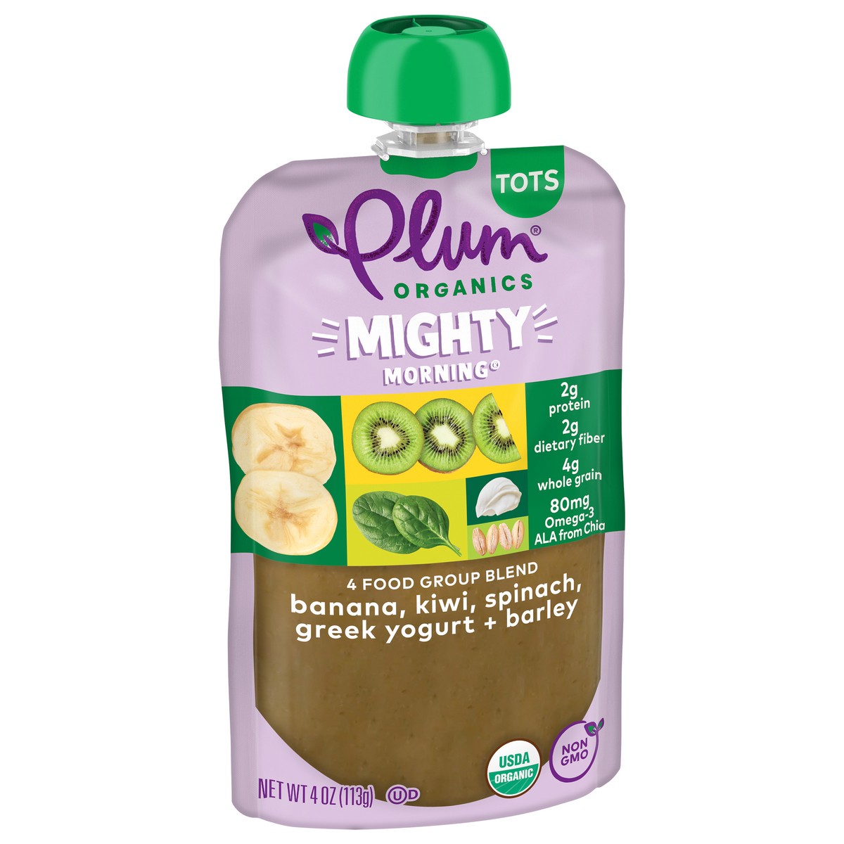 slide 8 of 9, Plum Organics Mighty Morning 4 Food Group Blend Banana, Kiwi, Spinach, Greek Yogurt + Barley 4oz Pouch, 4 oz