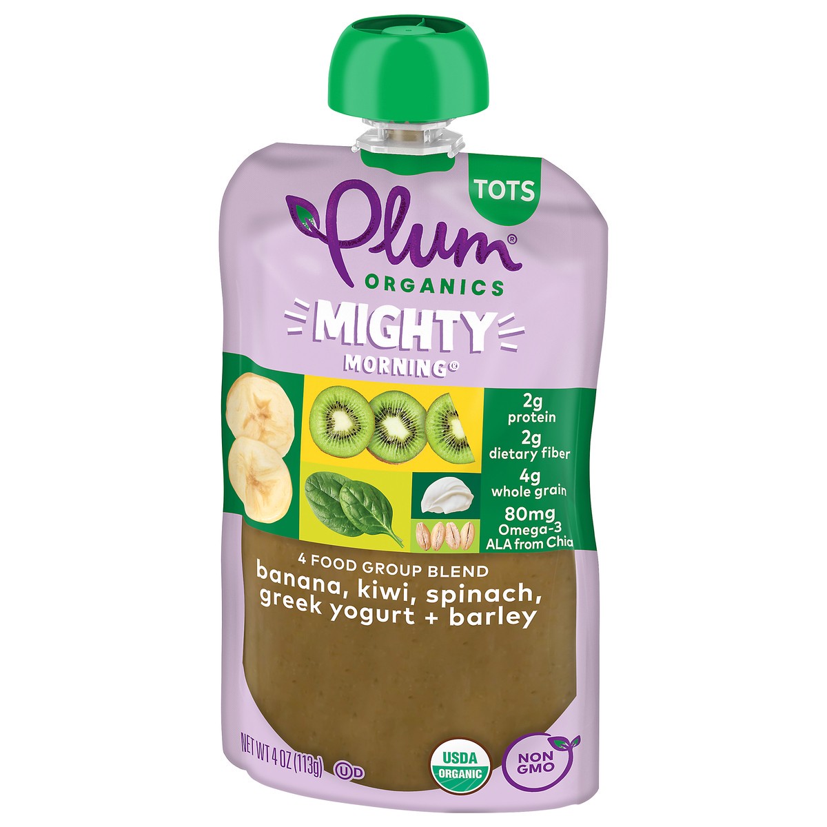 slide 7 of 9, Plum Organics Mighty Morning 4 Food Group Blend Banana, Kiwi, Spinach, Greek Yogurt + Barley 4oz Pouch, 4 oz