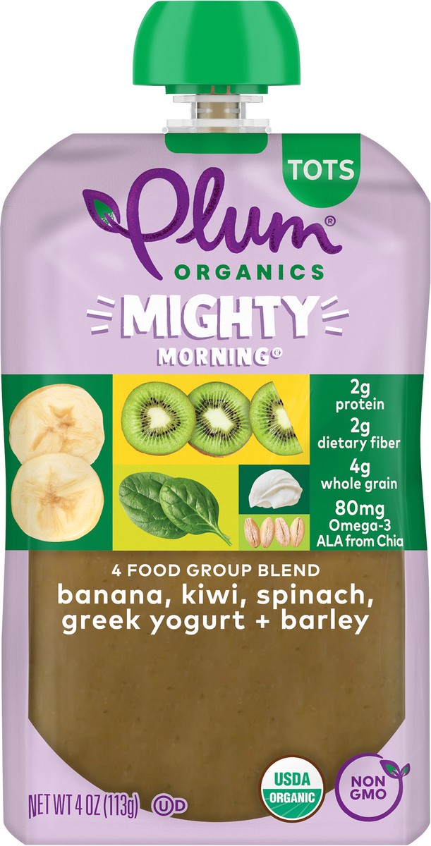 slide 3 of 9, Plum Organics Mighty Morning 4 Food Group Blend Banana, Kiwi, Spinach, Greek Yogurt + Barley 4oz Pouch, 4 oz