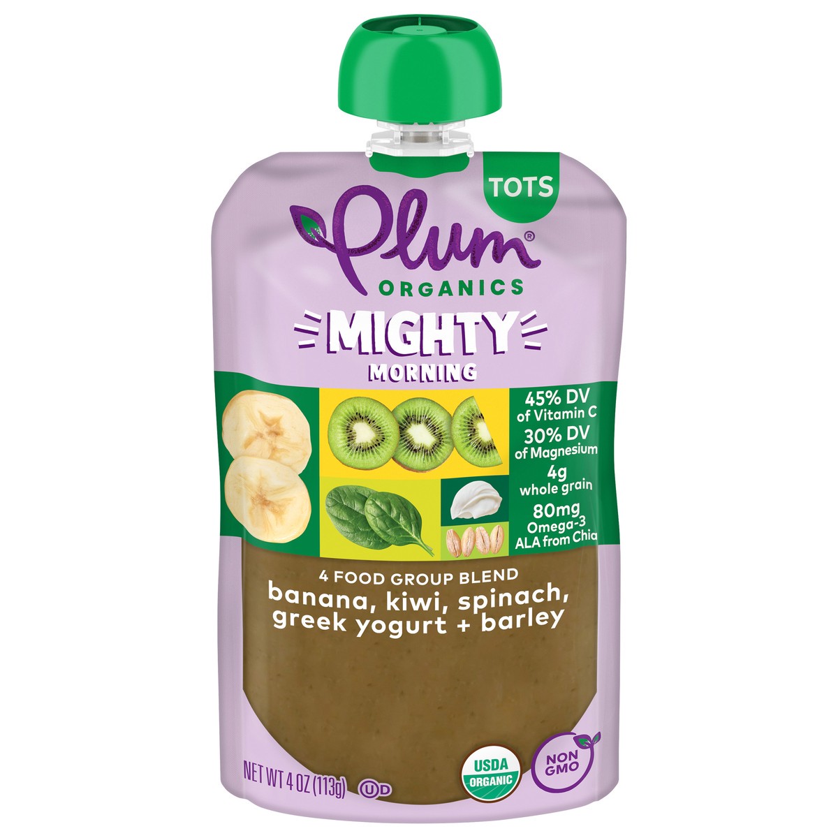 slide 1 of 9, Plum Organics Mighty Morning 4 Food Group Blend Banana, Kiwi, Spinach, Greek Yogurt + Barley 4oz Pouch, 4 oz