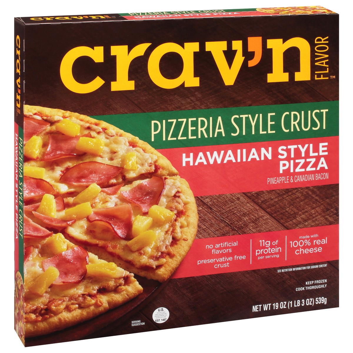 slide 3 of 11, Crav'n Flavor Hawaiian Style Pizzeria Style Crust Pineapple & Canadian Bacon Pizza 19 oz, 19 oz