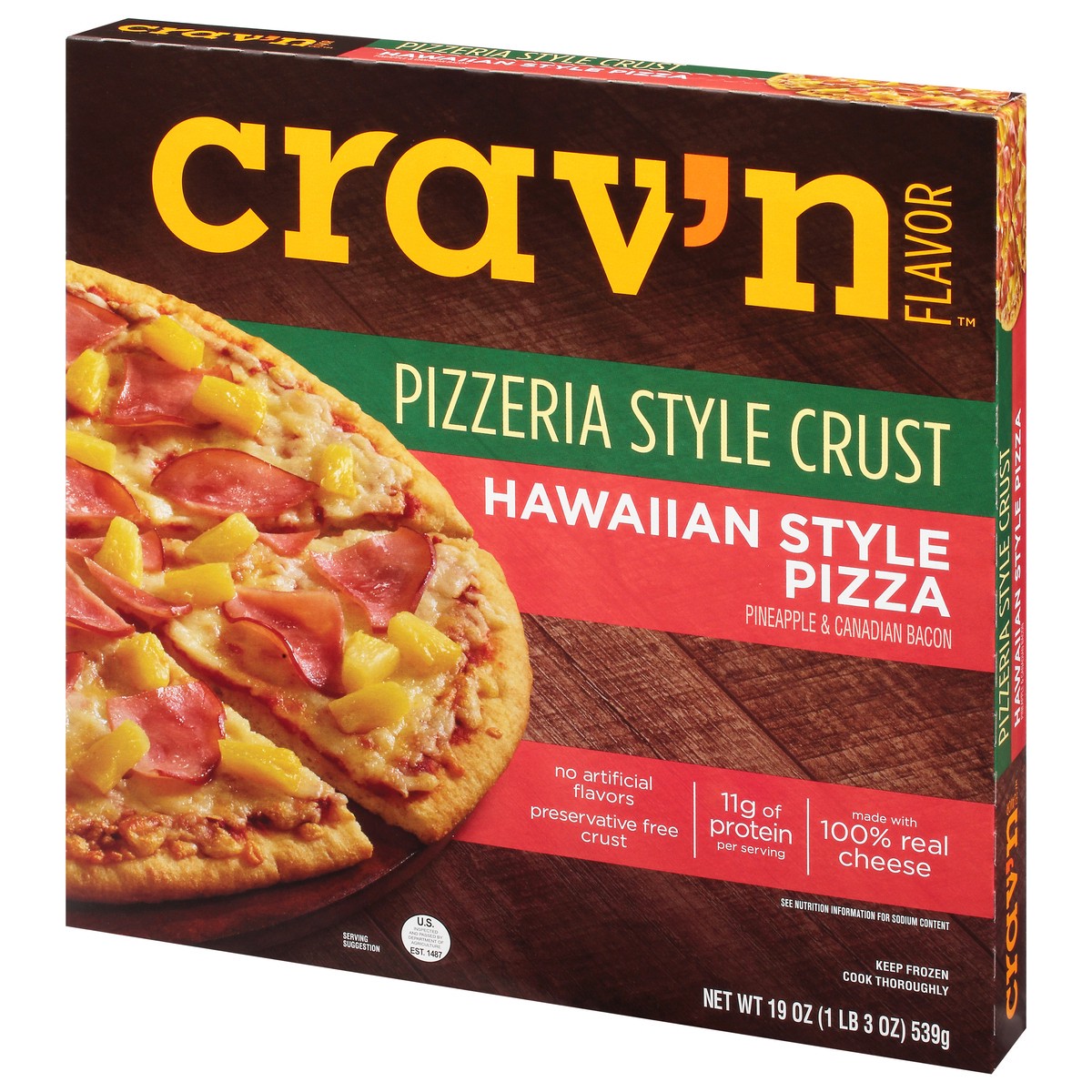 slide 11 of 11, Crav'n Flavor Hawaiian Style Pizzeria Style Crust Pineapple & Canadian Bacon Pizza 19 oz, 19 oz