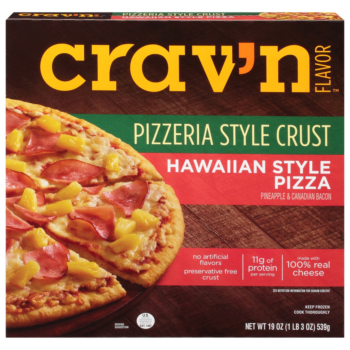 slide 1 of 11, Crav'n Flavor Hawaiian Style Pizzeria Style Crust Pineapple & Canadian Bacon Pizza 19 oz, 19 oz