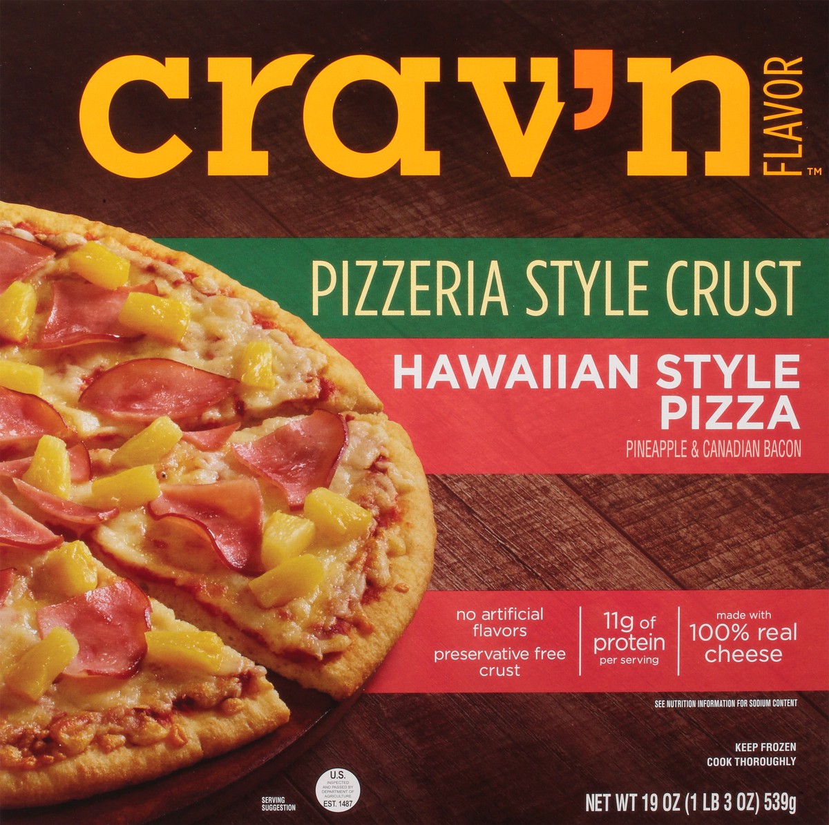 slide 7 of 11, Crav'n Flavor Hawaiian Style Pizzeria Style Crust Pineapple & Canadian Bacon Pizza 19 oz, 19 oz