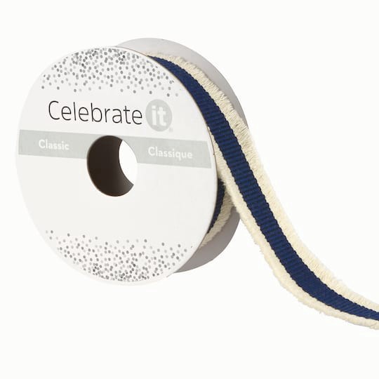 slide 1 of 4, 7/8'' X 5 Yd. Navy And White Fringe Ribbon By Celebrate It, 0.875 in x 5 yd