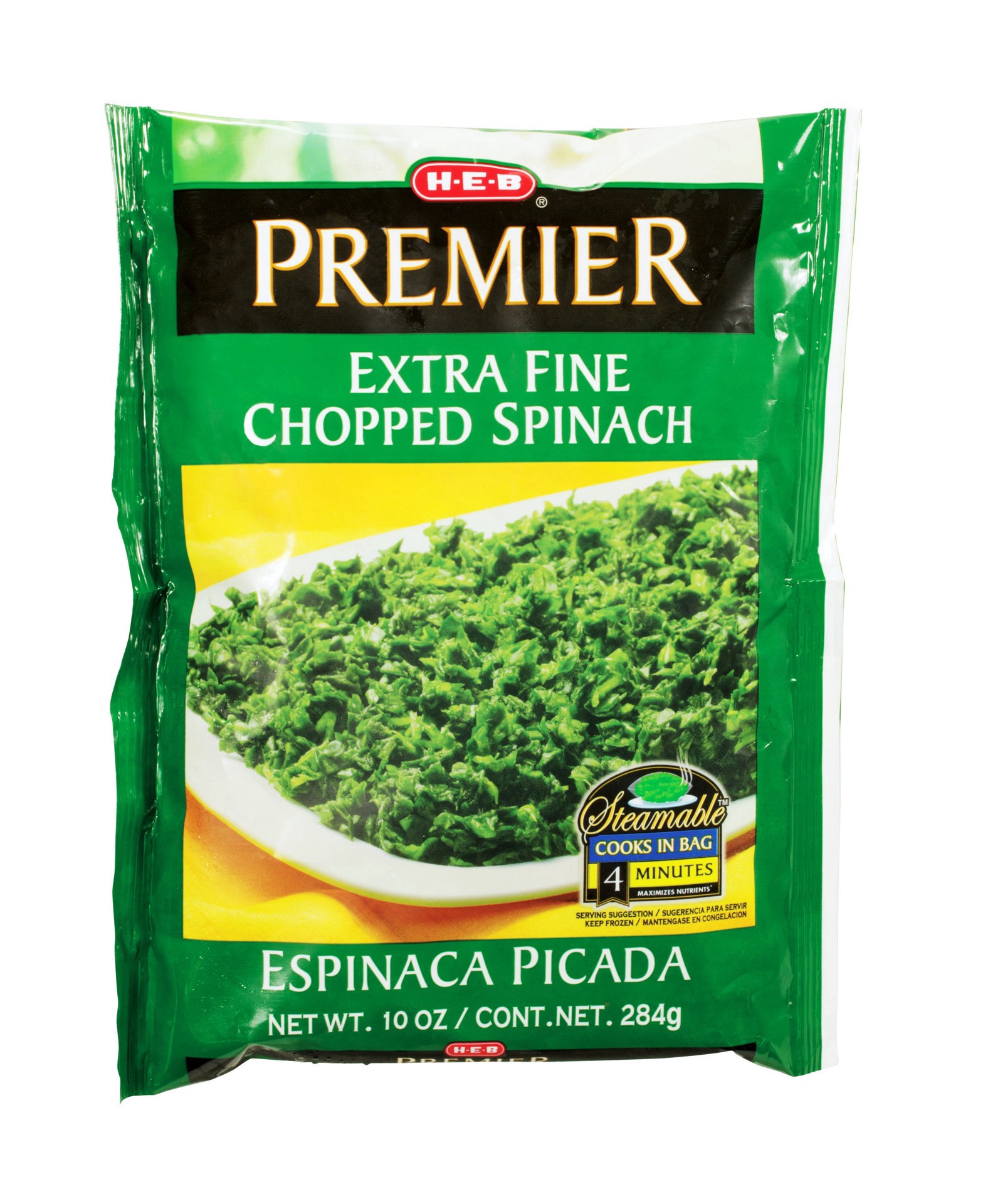 slide 1 of 1, H-E-B Frozen Steamable Extra Fine Chopped Spinach, 10 oz