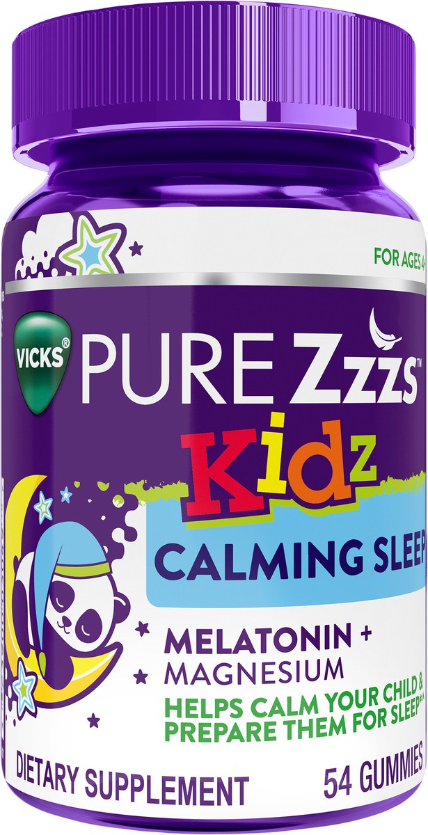 slide 3 of 10, VICKS PURE Zzzs Kidz Calming Sleep, Melatonin + Magnesium Sleep Aid Gummies for Kids and Children, Helps Your Child Fall Asleep Naturally, Low Dose Melatonin, Berry Flavored, 54 Gummies, 54 ct