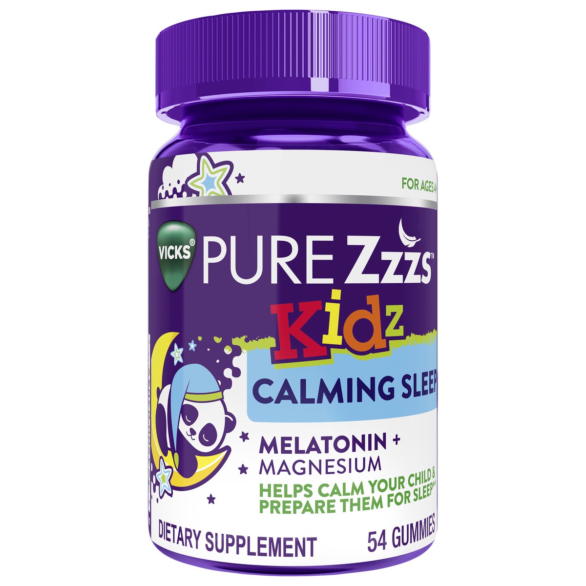 slide 7 of 10, VICKS PURE Zzzs Kidz Calming Sleep, Melatonin + Magnesium Sleep Aid Gummies for Kids and Children, Helps Your Child Fall Asleep Naturally, Low Dose Melatonin, Berry Flavored, 54 Gummies, 54 ct