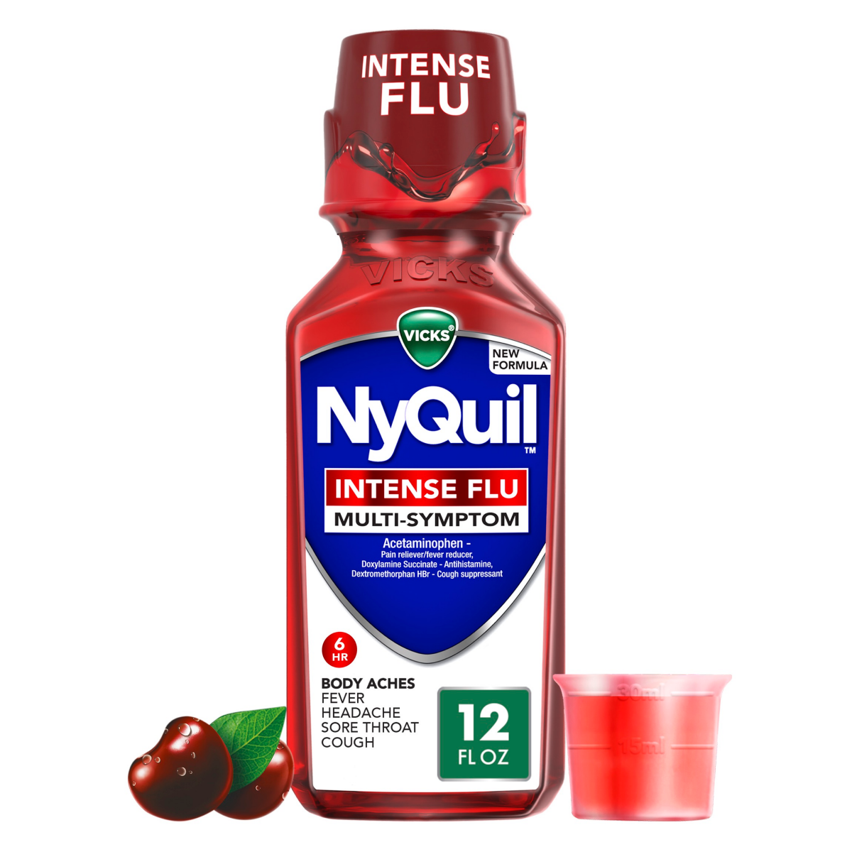 slide 1 of 8, Vicks Nyquil Multi-Symptom 6 HR Intense Flu 12 fl oz, 12 oz
